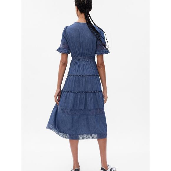 New Gap x LoveShackFancy Denim Tiered Midi Dress Blue Ruffle Button Sz M - Picture 3 of 10